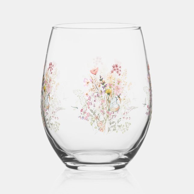 Luxury Spring Wildflower Butterfly Rose Garden  Stemless Wine Glass (Front)
