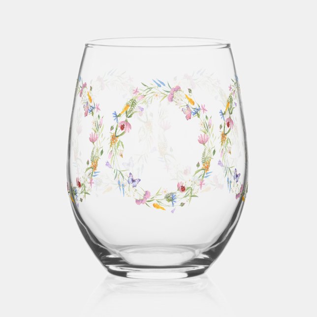 Luxury Spring Wildflower ladybug Garden Pattern Stemless Wine Glass (Left)