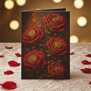 Luxury Steampunk Roses Romantic Gold Gears Card