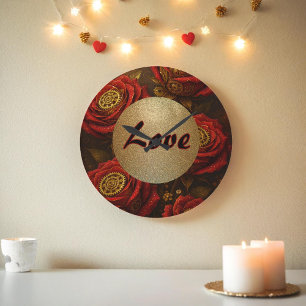 Luxury Steampunk Roses Romantic Gold Gears Large Clock