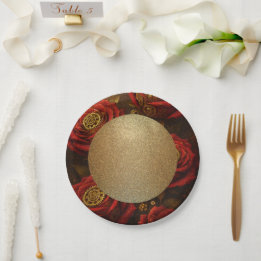 Luxury Steampunk Roses Romantic Gold Gears Paper Plate