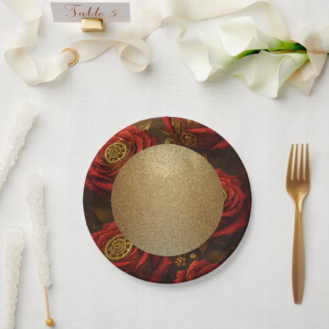 Luxury Steampunk Roses Romantic Gold Gears Paper Plate (Wedding)