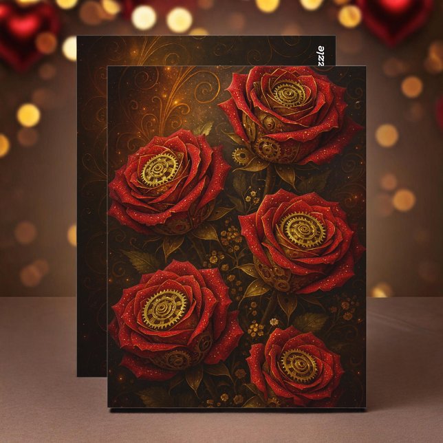 Luxury Steampunk Roses Romantic Gold Gears Postcard (Creator Uploaded)