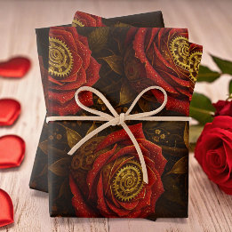 Luxury Steampunk Roses Romantic Gold Gears Wrapping Paper Sheet