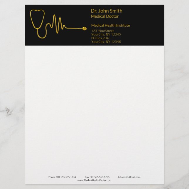 Luxury Stethoscope ECG Wave Gold EKG Line Medical Custom Letterhead (Front)