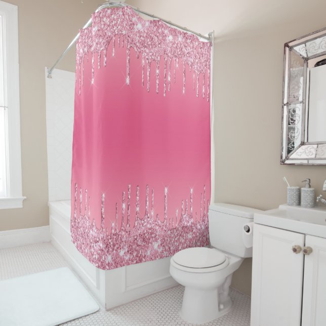 Luxury Strawberry Pink Dripping Glitter Girl's Shower Curtain (In Situ)