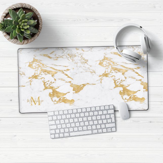 Luxury Stylish Gold Foil Marble Monogram Desk Mat (Luxury Gold Foil Marble Desk Mat Mouse Pad)