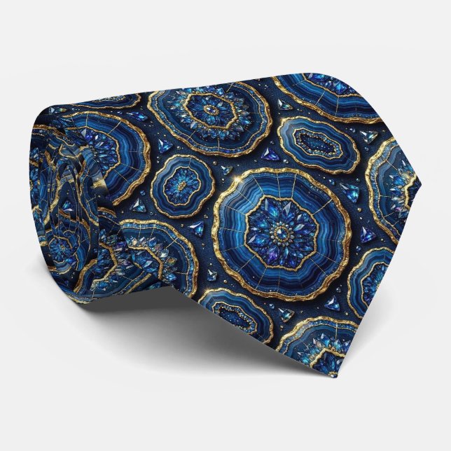 Luxury Suit Tie | Navy Blue + Gold Geode Neck Tie (Rolled)
