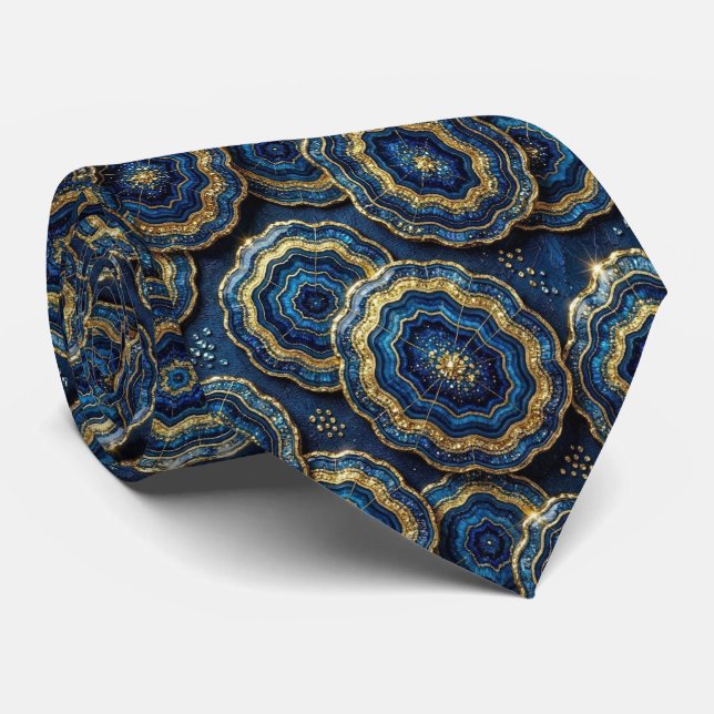 Luxury Suit Tie | Navy Blue + Gold Geode Neck Tie (Rolled)