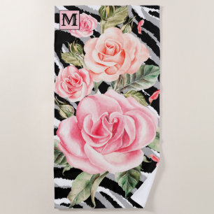 Luxury Summer Time Monogrammed Tiger Rose Beach Towel