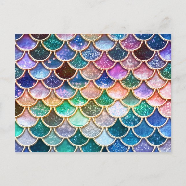 Luxury summerly multicolor Glitter Mermaid Scales Postcard (Front)