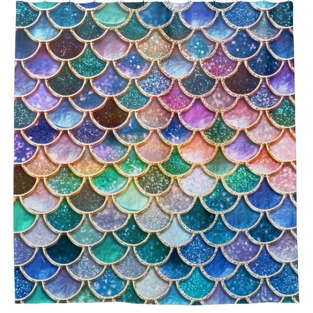 Luxury summerly multicolor Glitter Mermaid Scales Shower Curtain (Front)