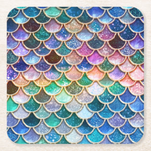 Luxury summerly multicolor Glitter Mermaid Scales Square Paper Coaster