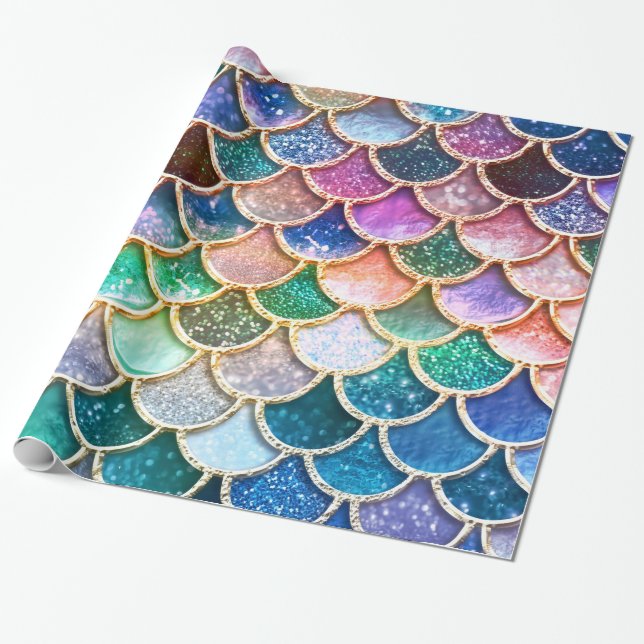 Luxury summerly multicolor Glitter Mermaid Scales Wrapping Paper (Unrolled)