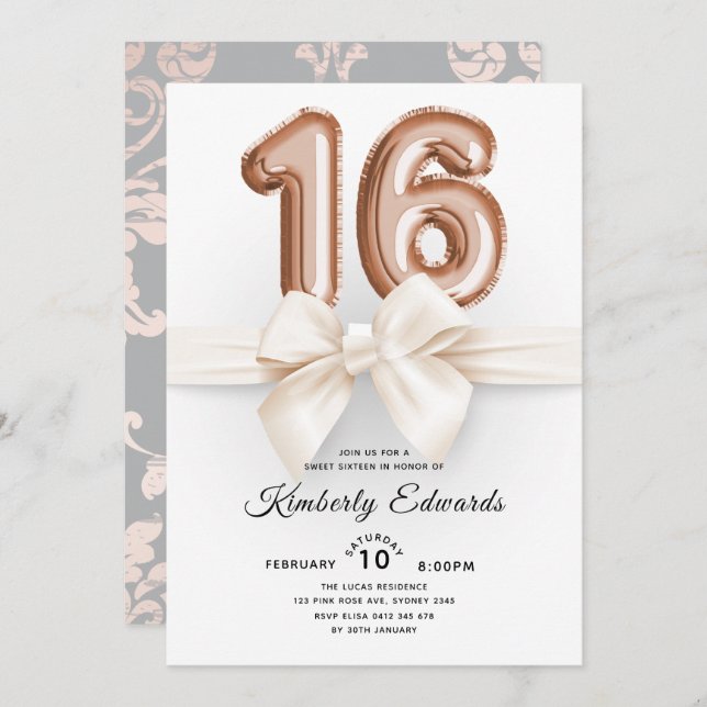 Luxury Sweet 16 Rose gold Balloons Invitation (Front/Back)