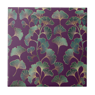 Luxury Tael Ginkgo Leaves on Deep Purple Ceramic Tile