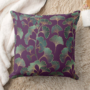 Luxury Tael Ginkgo Leaves on Deep Purple Cushion