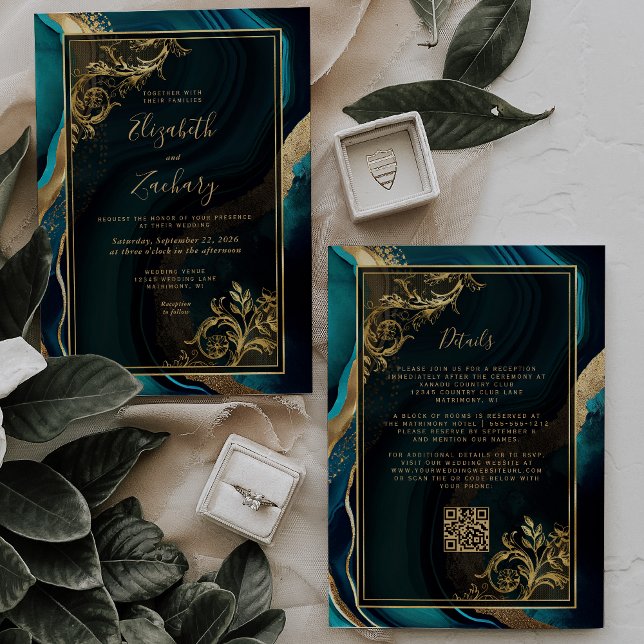 Luxury Teal Agate Gold Frame QR Code Wedding Invitation (Creator Uploaded)