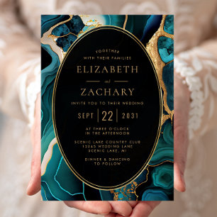 Luxury Teal Agate Gold Oval Frame Wedding Invitation