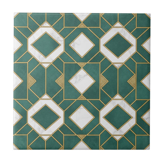 Luxury Teal and Gold Art Deco Geometric Seamless Ceramic Tile (Front)
