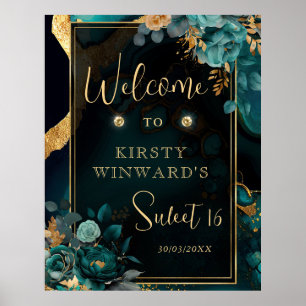 Luxury Teal and Gold Floral Agate Sweet 16 Welcome Poster