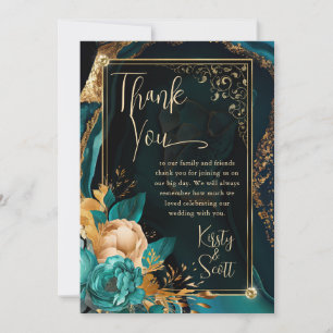 Luxury Teal and Gold Floral Agate Wedding Thank You Card