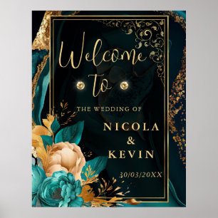 Luxury Teal and Gold Floral Agate Wedding Welcome Poster