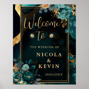 Luxury Teal and Gold Floral Agate Wedding Welcome Poster
