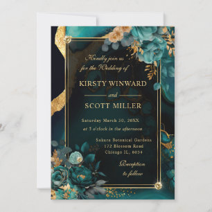 Luxury Teal and Gold Floral Rose Agate Wedding Invitation