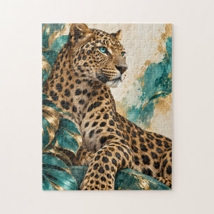 Luxury Teal and Gold Leopard Jigsaw Puzzle