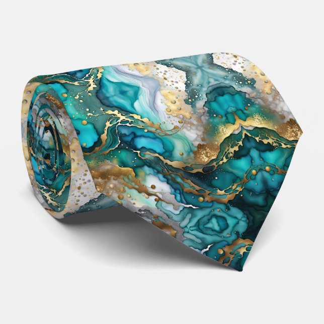 Luxury Teal and Gold Marble Fluid Art Pattern Tie (Rolled)