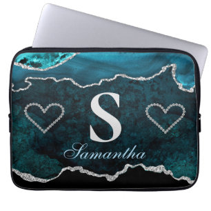 Luxury Teal and Silver Glitter Agate Pattern Laptop Sleeve