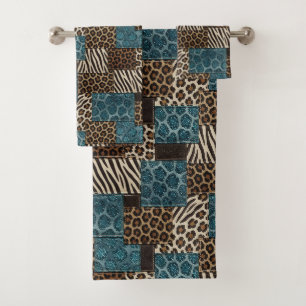 Luxury Teal Glitter African Animal Print Towel Set