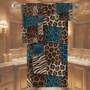 Luxury Teal Glitter African Animal Print Towel Set