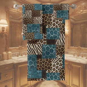 Luxury Teal Glitter African Animal Print Towel Set