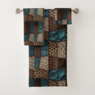 Luxury Teal Glitter African Animal Print Towel Set