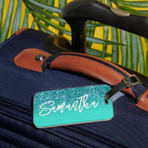 Luxury Teal Glitter Turquoise Ombre Personalised Luggage Tag