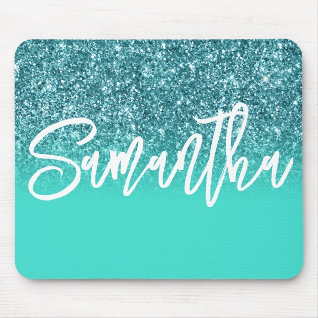 Luxury Teal Glitter Turquoise Ombre Personalised Mouse Pad (Front)