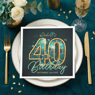 Luxury Teal Gold Agate Mosaic 40th Birthday Party Napkin