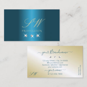 Luxury Teal Gold Beige Sparkling Diamonds Initials Business Card