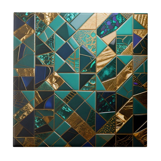 Luxury Teal Gold Geometric Mosaic Pattern Ceramic Tile (Front)