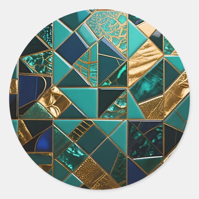 Luxury Teal Gold Geometric Mosaic Pattern Classic Round Sticker (Front)
