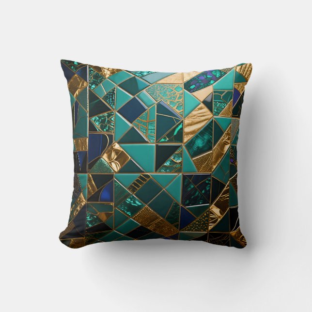 Luxury Teal Gold Geometric Mosaic Pattern Cushion (Front)