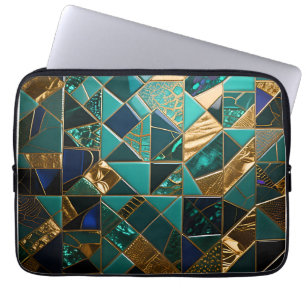 Luxury Teal Gold Geometric Mosaic Pattern Laptop Sleeve