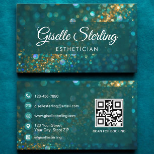 Luxury Teal Gold Glitter Aesthetician QR Code Business Card