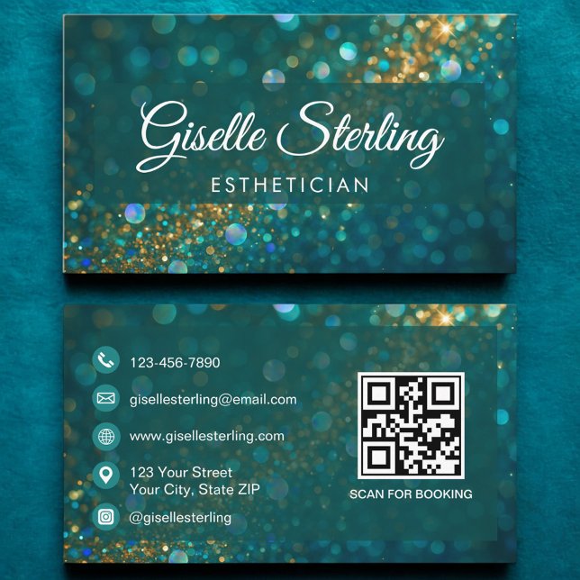 Luxury Teal Gold Glitter Aesthetician QR Code Business Card (Creator Uploaded)