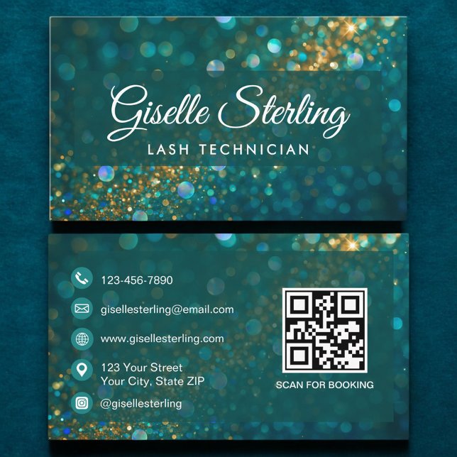 Luxury Teal Gold Glitter Lash Tech QR Code Business Card (Creator Uploaded)