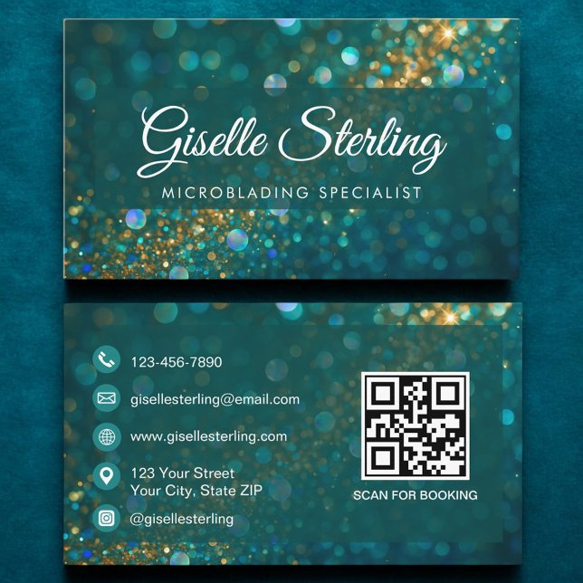 Luxury Teal Gold Glitter Microblading QR Code Business Card (Creator Uploaded)