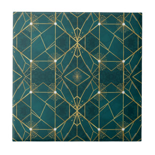 Luxury Teal & Gold Symmetrical Geometric Seamless Ceramic Tile