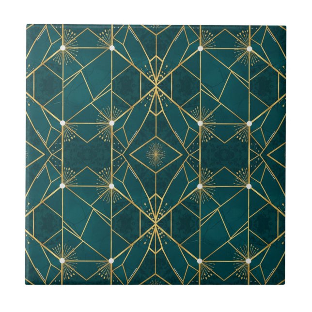 Luxury Teal & Gold Symmetrical Geometric Seamless  Ceramic Tile (Front)